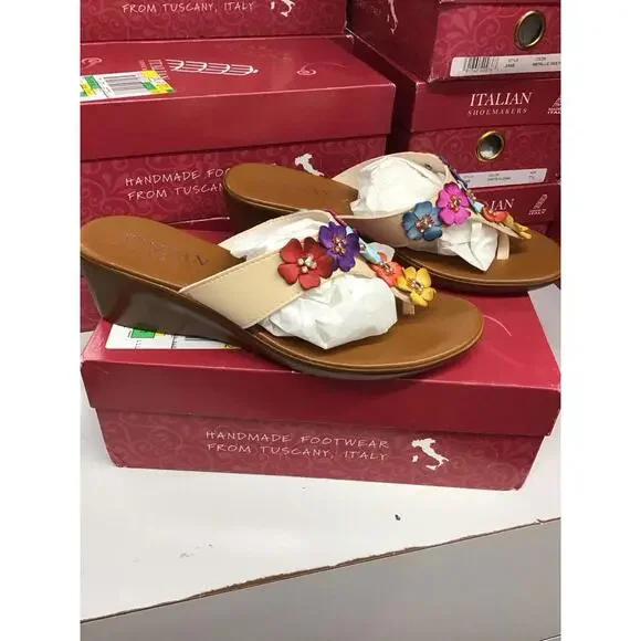 Italian shoemakers brand handmade 2” wedge sandals size 9 multi floral gems - Picture 2 of 6